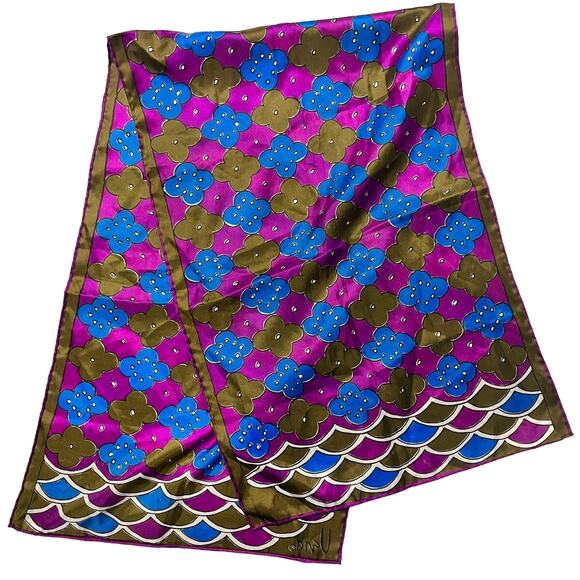 Vintage VERA Neumann Scarf ~ Signed ~ Made in Japan - Blue/Purple/Antique Gold - Picture 1 of 8